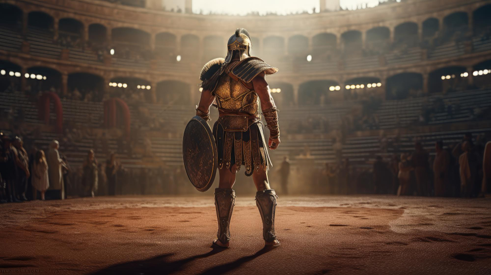 gladiator stands stadium with large crowd him