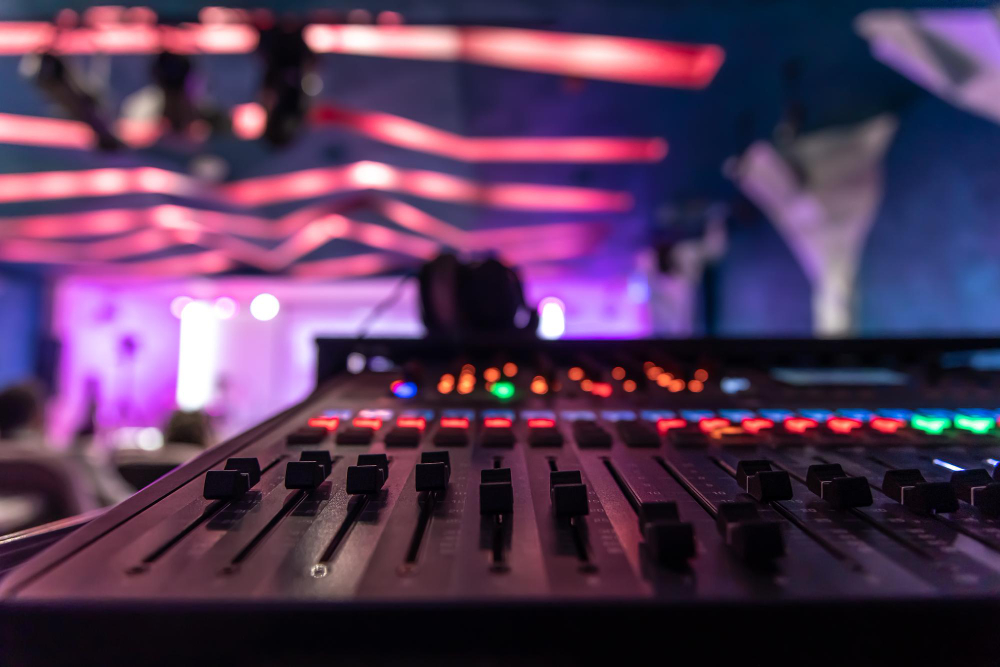 close up sound music mixer control panel blurred background