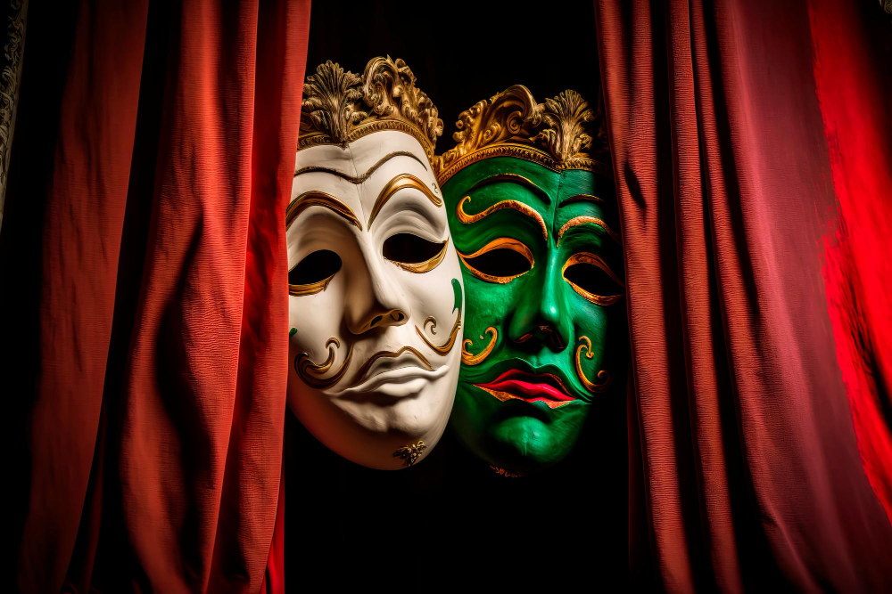 comedy tragedy theatrical venetian mask generative ai