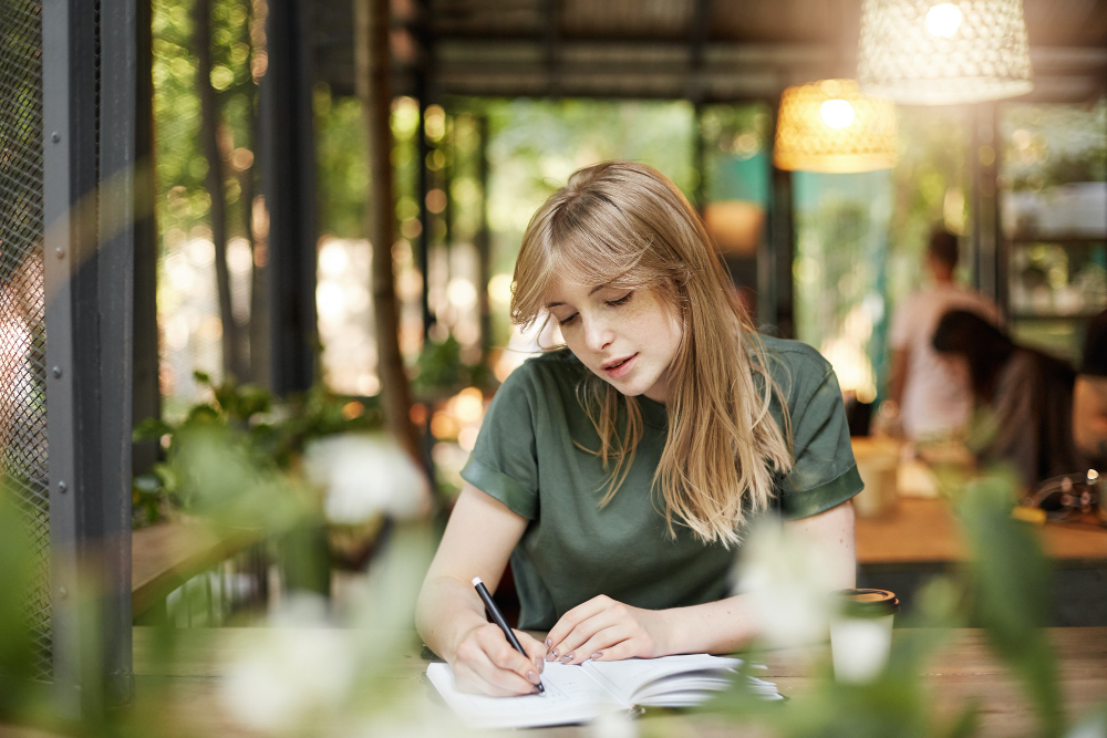 portrait young blonde student screenwriter woman writing her first drama script drinking coffee cafe outdoors