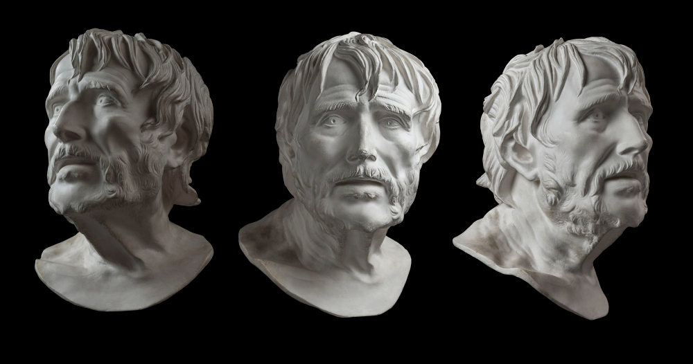 three white gypsum copy ancient statue head lucius seneca artists isolated black background seneca 4 bc 65 ad roman stoic philosopher statesman tutor future emperor nero