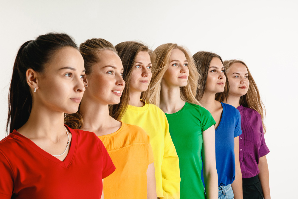 young man woman weared lgbt flag colors white wall models bright shirts (1)